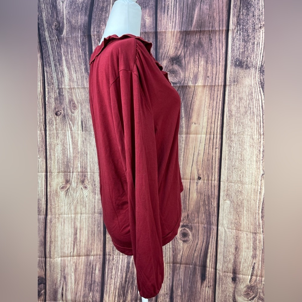 J. Crew Mercantile burgundy red ruffle V-neck  blouse women’s size L - Picture 3 of 16